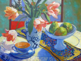 "Tulips with Peacock Cloth," acrylic on canvas, 18" X 24," 2012